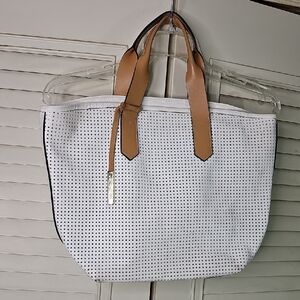 Tote By Innue Italy Leather White With Tan Straps Inner Attached Zip Bag Gold